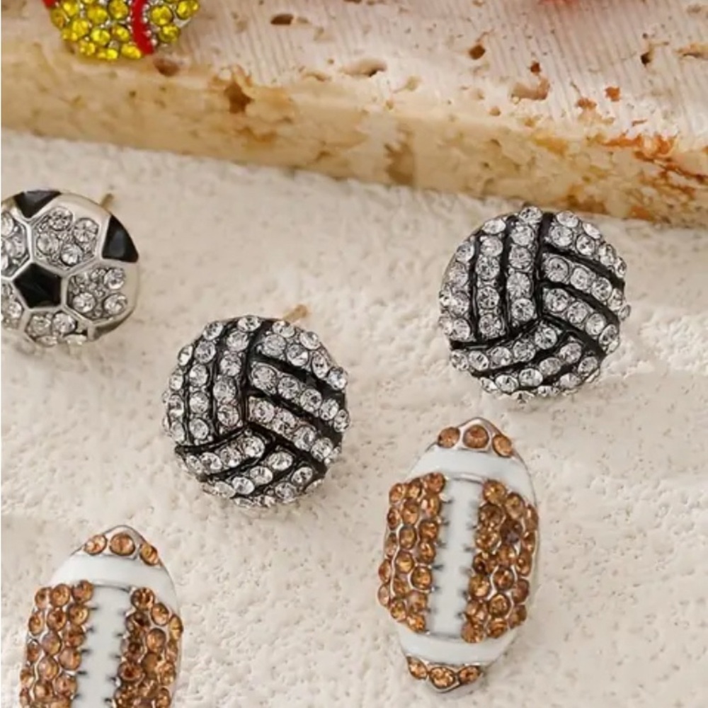 NWT FOOTBALL WITH RHINESTONE STUD EARRINGS @e